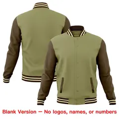 Khaki Light Brown Cream Raglan Sleeves Full-Snap Letterman Cotton Jacket 6