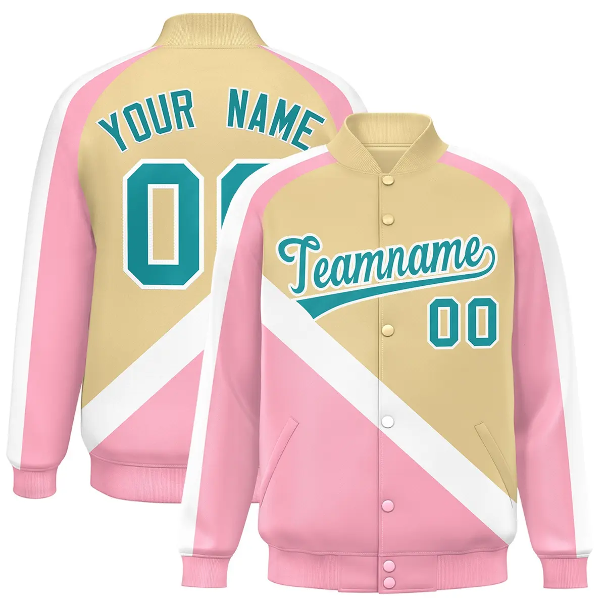 Khaki Light Pink Raglan Varsity Letterman Baseball Jacket