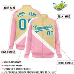 Khaki Light Pink Raglan Varsity Letterman Baseball Jacket 2