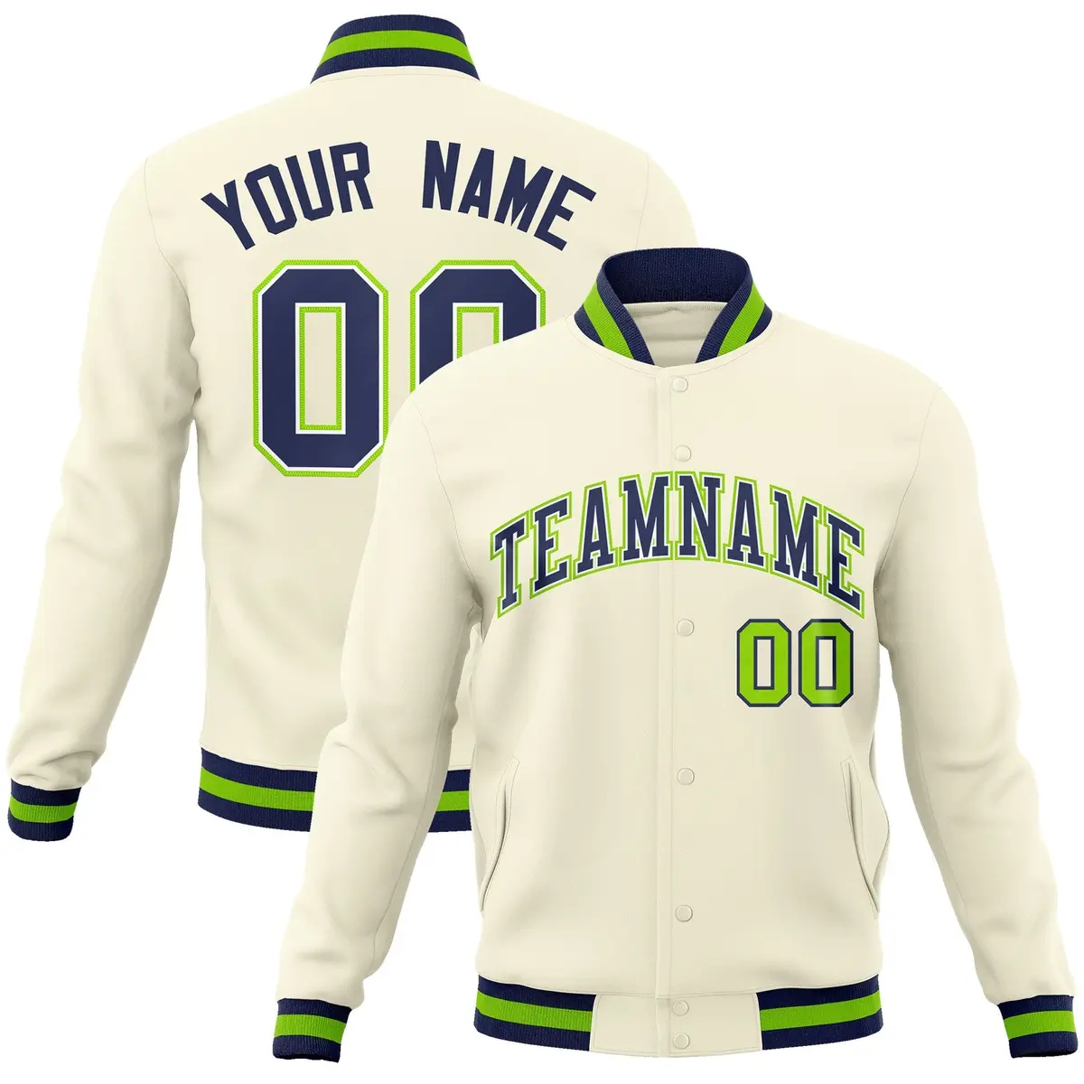 Khaki Navy-White Varsity Full-Snap Letterman Jacket