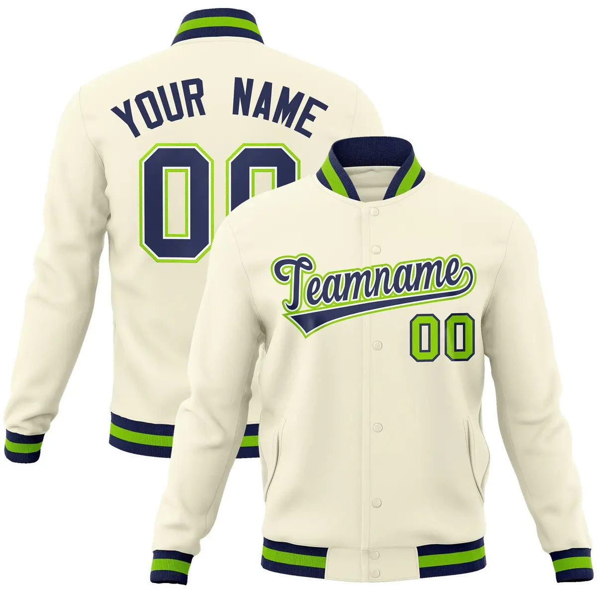 Khaki Navy-White Varsity Full-Snap Letterman Jacket