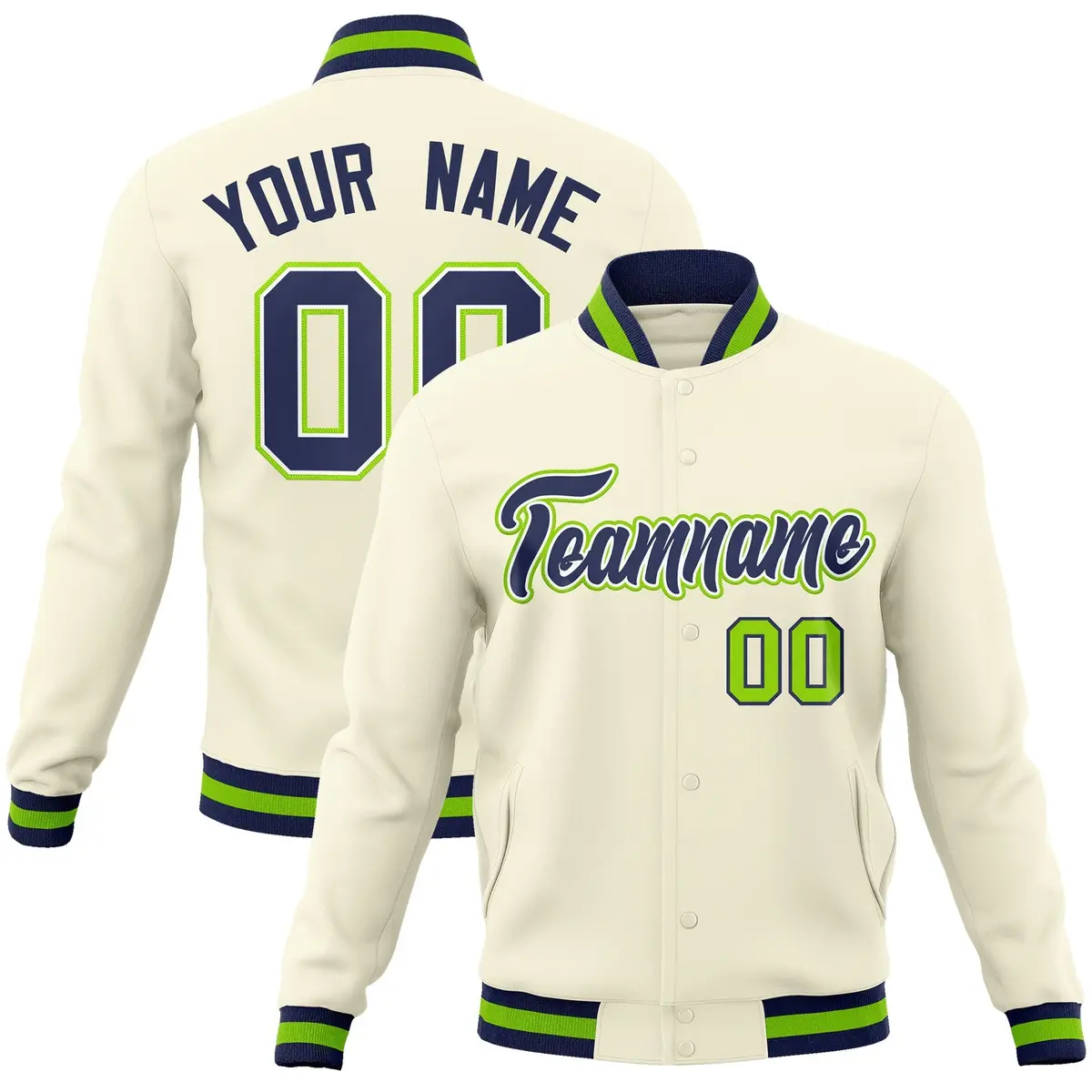 Khaki Navy-White Varsity Full-Snap Letterman Jacket