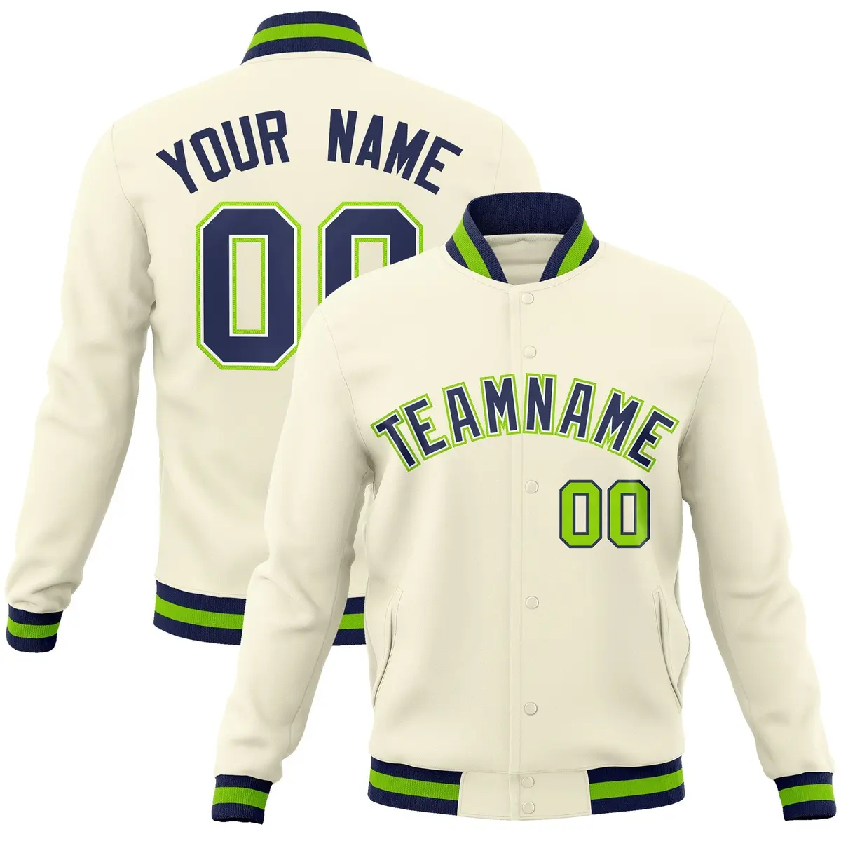 Khaki Navy-White Varsity Full-Snap Letterman Jacket