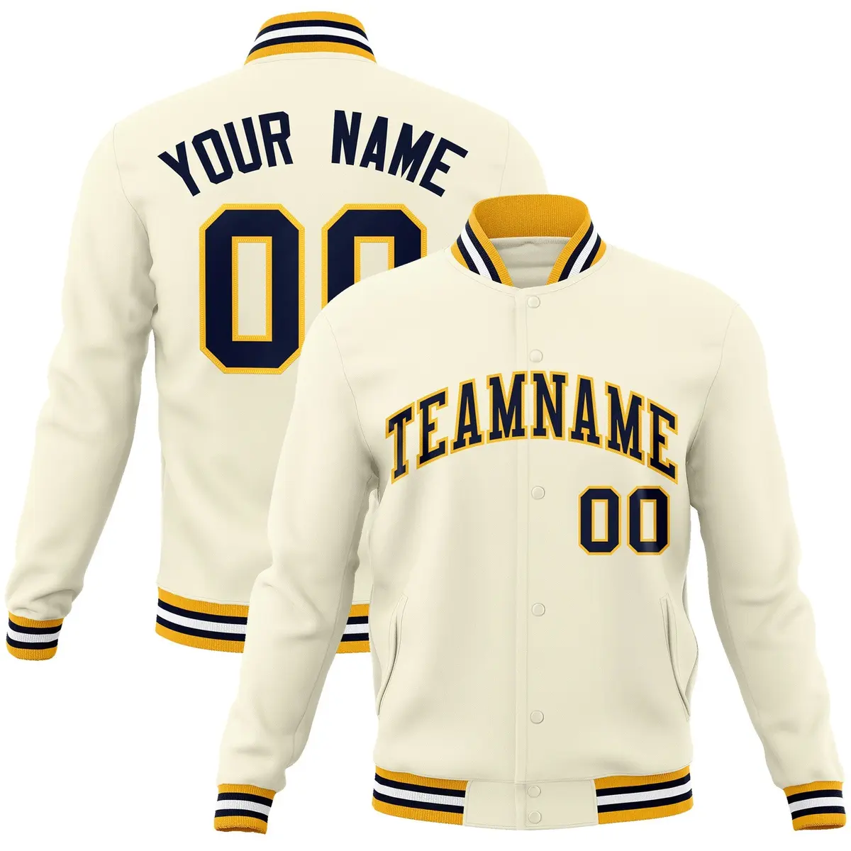 Khaki Navy-Yellow Varsity Full-Snap Letterman Jacket