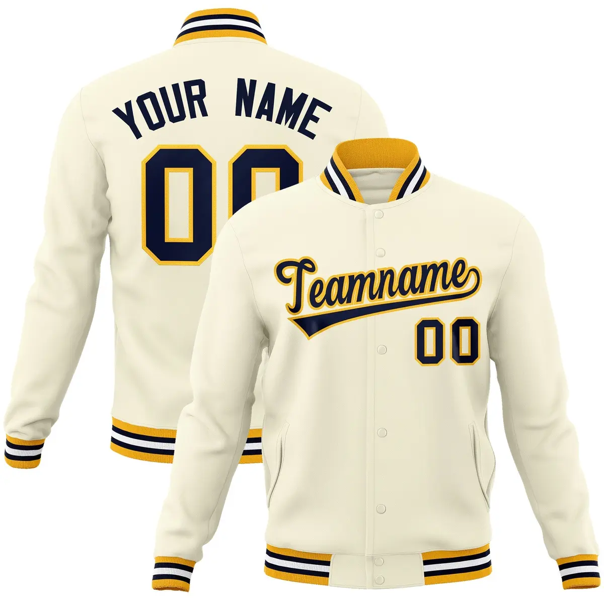 Khaki Navy-Yellow Varsity Full-Snap Letterman Jacket