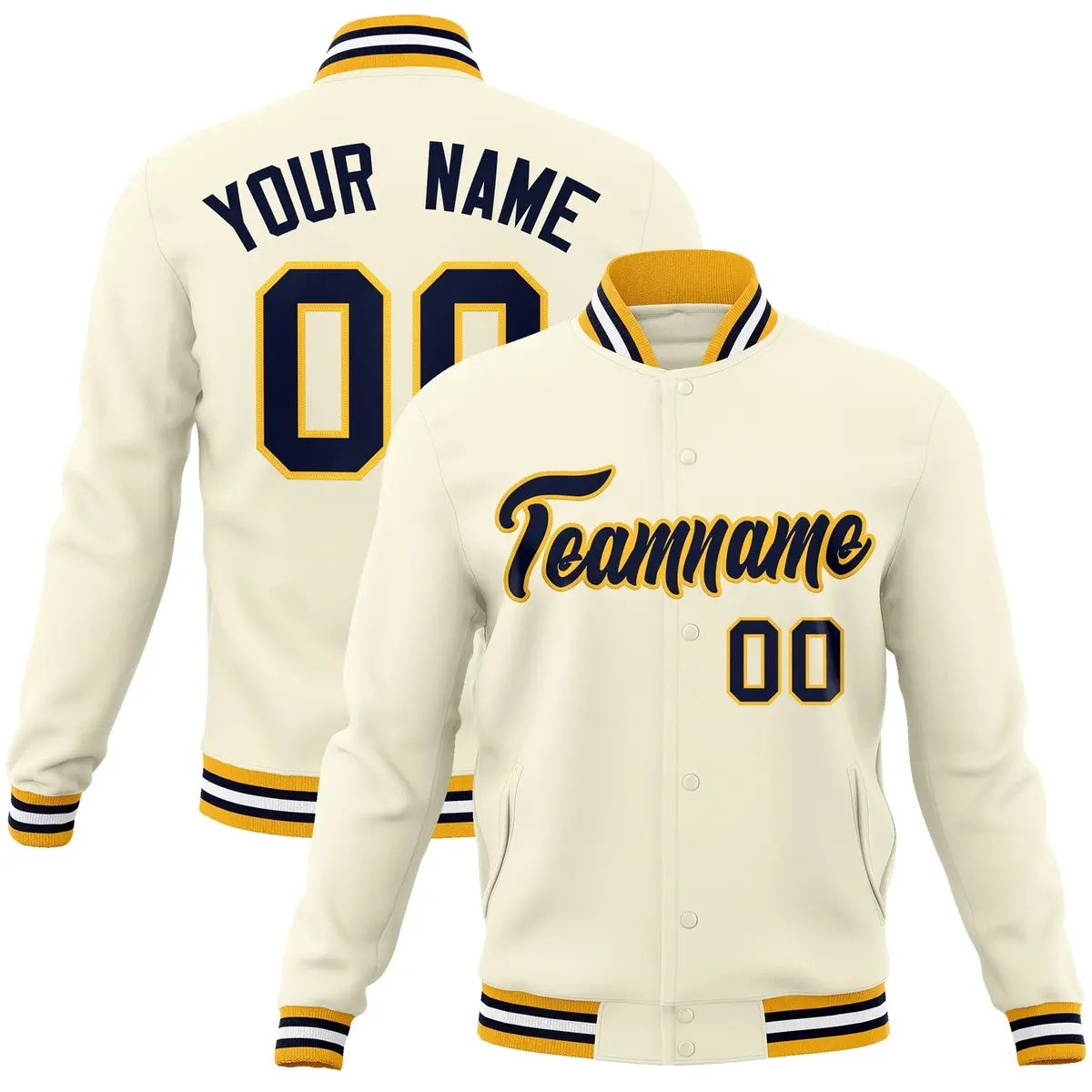 Khaki Navy-Yellow Varsity Full-Snap Letterman Jacket