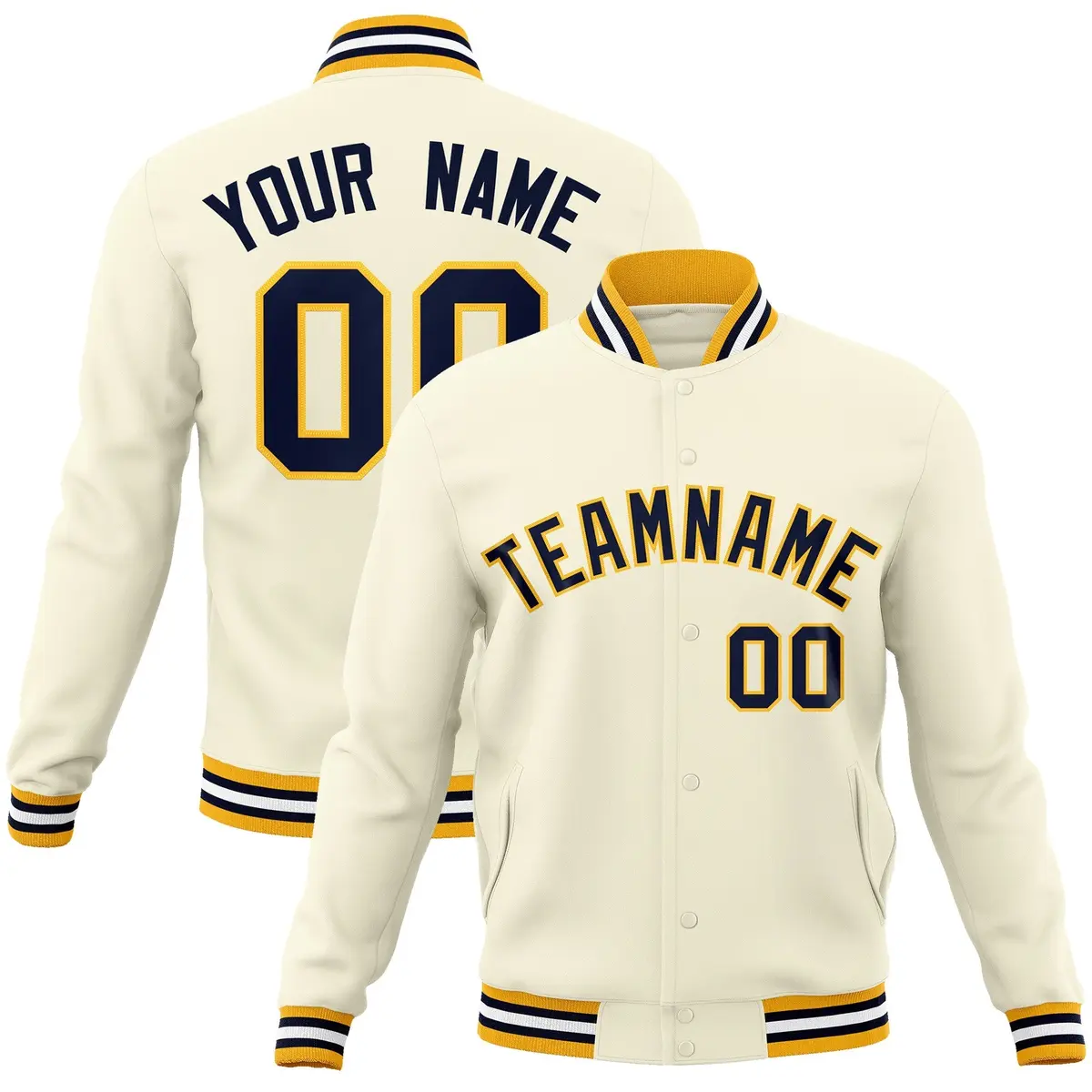Khaki Navy-Yellow Varsity Full-Snap Letterman Jacket