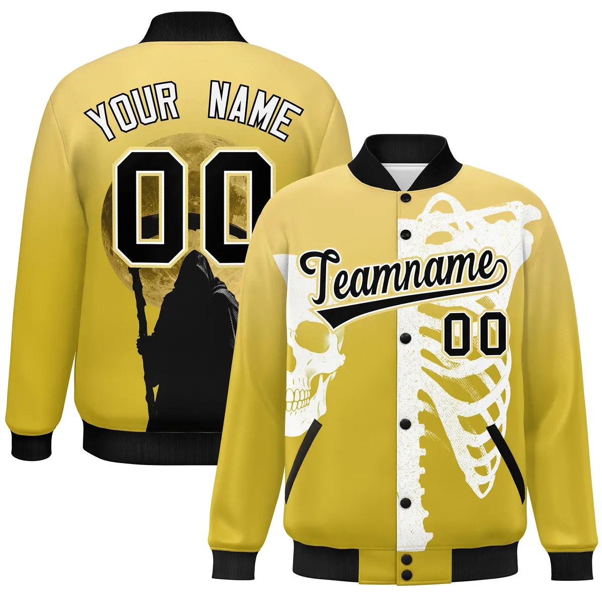 Khaki Old Gold Black Halloween Skeleton Graffiti Varsity Jacket Stretch Fabric