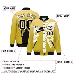 Khaki Old Gold Black Halloween Skeleton Graffiti Varsity Jacket Stretch Fabric 2
