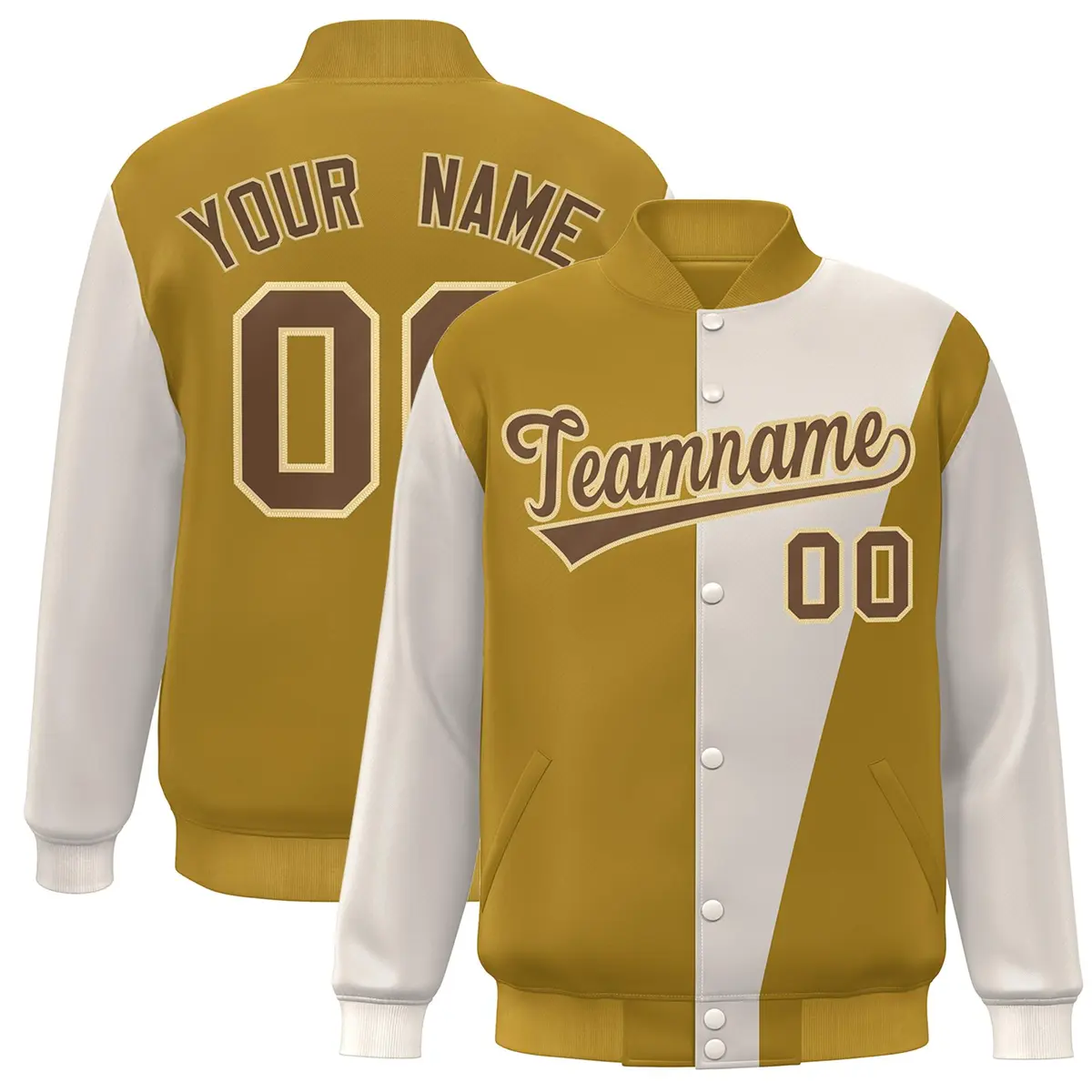 Khaki Old Gold-Brown Color Block Varsity Full-Snap Bomber Jacket