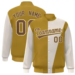 Khaki Old Gold-Brown Color Block Varsity Full-Snap Bomber Jacket