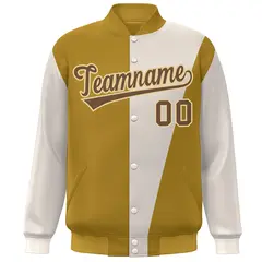 Khaki Old Gold-Brown Color Block Varsity Full-Snap Bomber Jacket 3