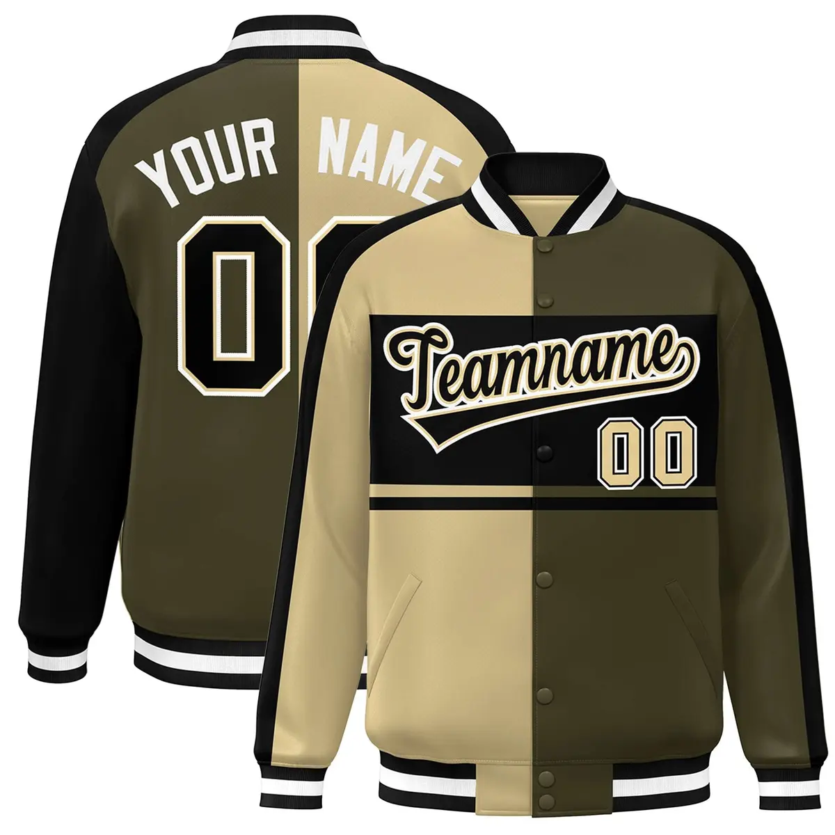 Khaki Olive Black-White Color Block Varsity Bomber Baseball Jacket