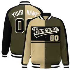 Khaki Olive Black-White Color Block Varsity Bomber Baseball Jacket