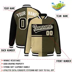Khaki Olive Black-White Color Block Varsity Bomber Baseball Jacket 2