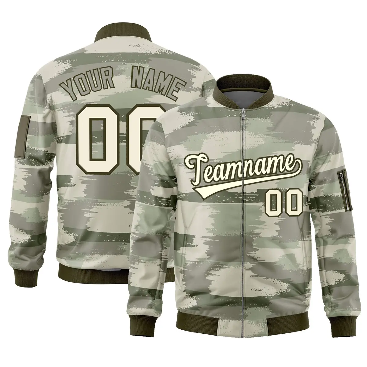 Khaki Olive Camo Varsity Full-Zip Letterman Bomber Jacket