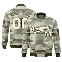 Khaki Olive Camo Varsity Full-Zip Letterman Bomber Jacket