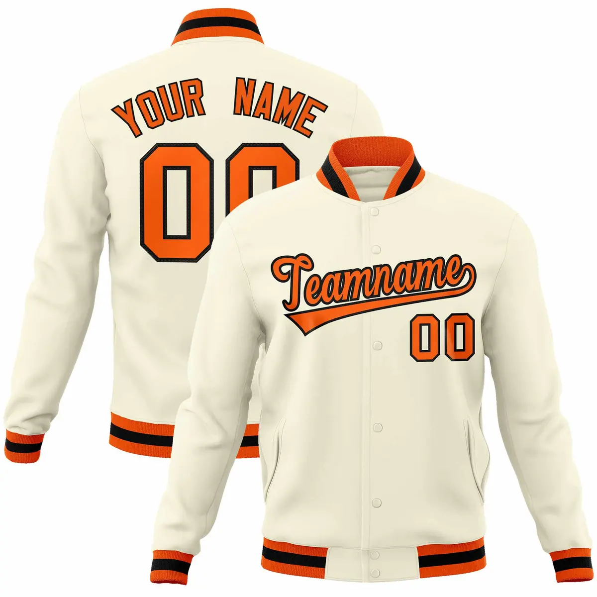 Khaki Orange-Black Varsity Full-Snap Letterman Jacket