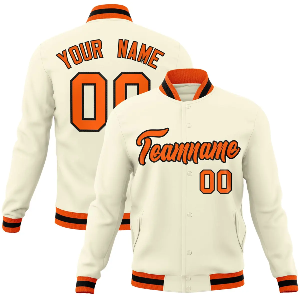 Khaki Orange-Black Varsity Full-Snap Letterman Jacket