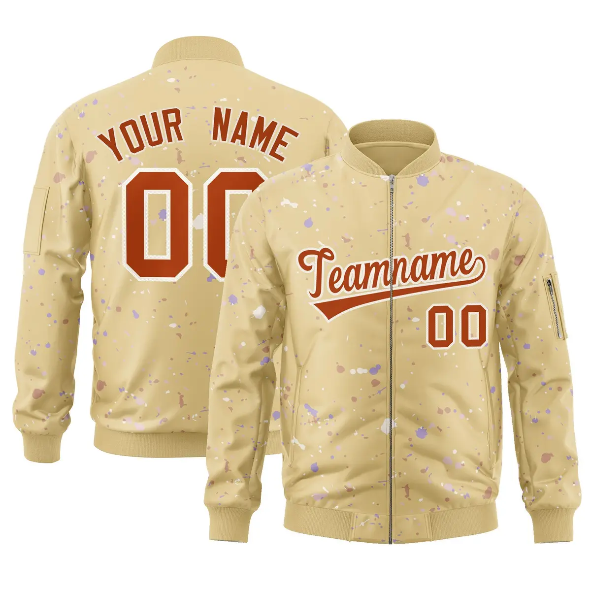 Khaki Orange White Full-Zip Graffiti Splash Varsity Letterman Jacket