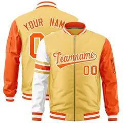 Khaki Orange-White Varsity Full-Zip Raglan Stripe Letterman Bomber Jacket 1