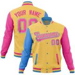 Khaki Pink-Powder Blue Raglan Full-Snap Varsity Letterman Jacket 1