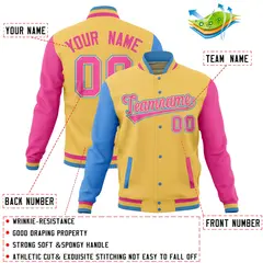 Khaki Pink-Powder Blue Raglan Full-Snap Varsity Letterman Jacket 4