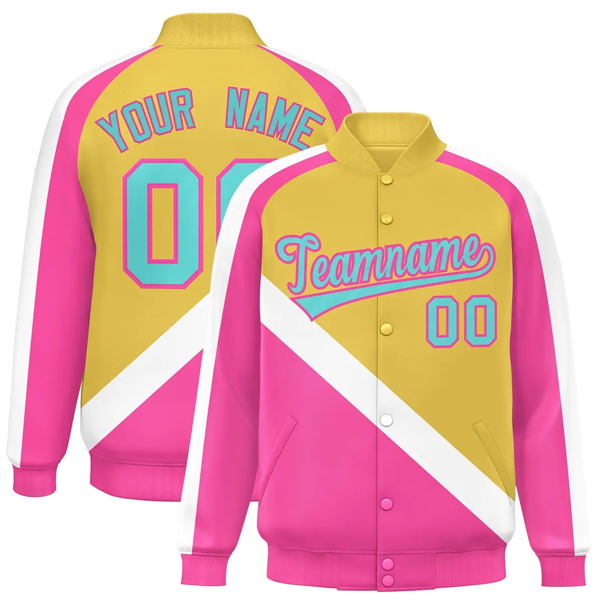 Khaki Pink Raglan Full-Snap Letterman Baseball Jacket