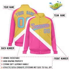 Khaki Pink Raglan Full-Snap Letterman Baseball Jacket 2
