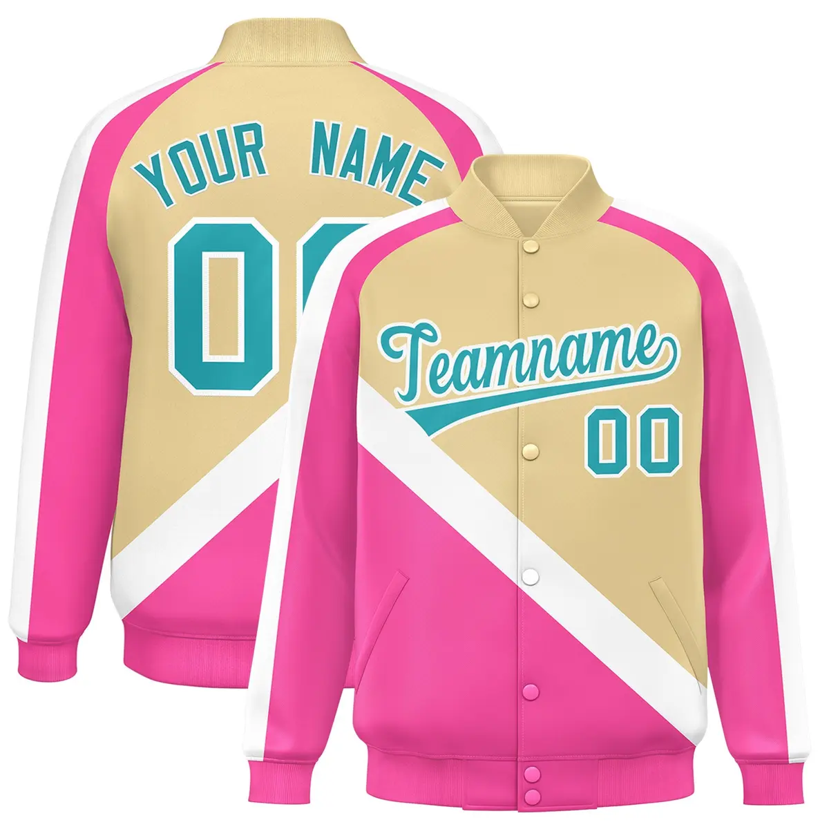Khaki Pink Raglan Full-Snap Letterman Baseball Jacket