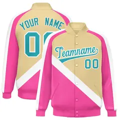 Khaki Pink Raglan Full-Snap Letterman Baseball Jacket 1