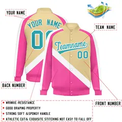 Khaki Pink Raglan Full-Snap Letterman Baseball Jacket 2