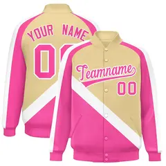 Khaki Pink Raglan Full-Snap Letterman Baseball Jacket 1