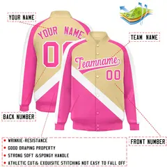 Khaki Pink Raglan Full-Snap Letterman Baseball Jacket 2