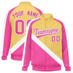 Khaki Pink Raglan Full-Snap Letterman Baseball Jacket 1