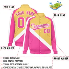 Khaki Pink Raglan Full-Snap Letterman Baseball Jacket 2