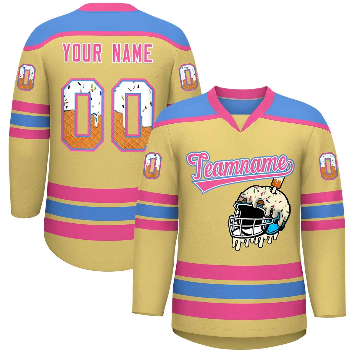Khaki Powder Blue Ice Cream Helmet Pattern V-Neck Hockey Jersey