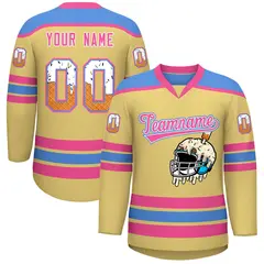 Khaki Powder Blue Ice Cream Helmet Pattern V-Neck Hockey Jersey 1