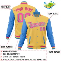 Khaki Powder Blue Raglan Full-Snap Varsity Letterman Jacket 4