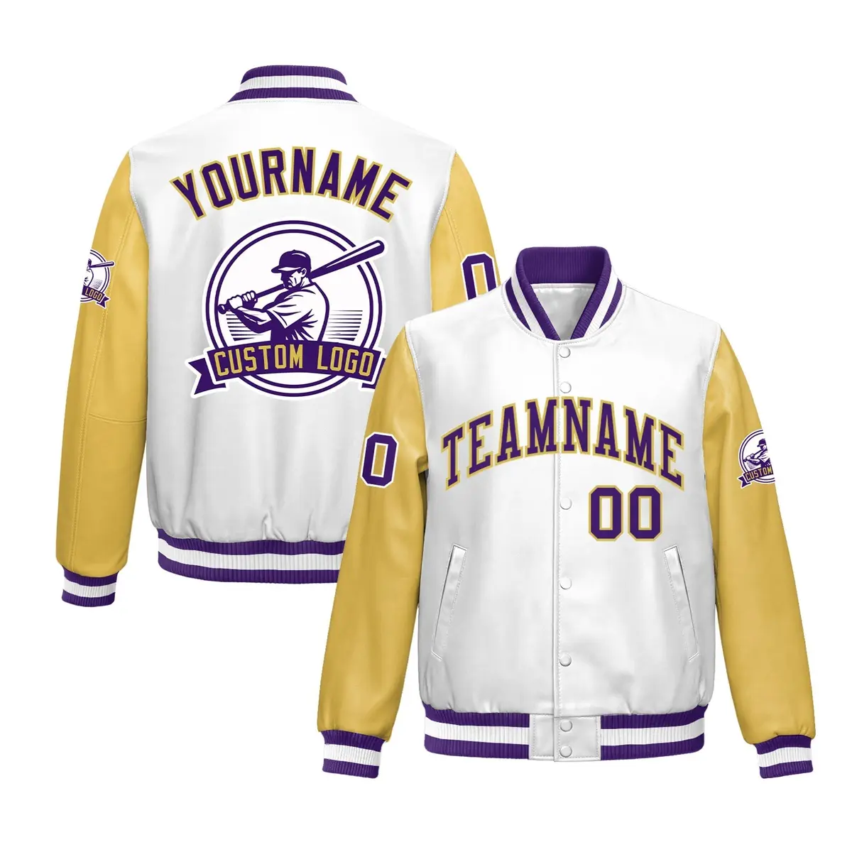 Khaki Purple Raglan Full-Snap Faux Leather Letterman Jacket