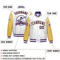 Khaki Purple Raglan Full-Snap Faux Leather Letterman Jacket 2