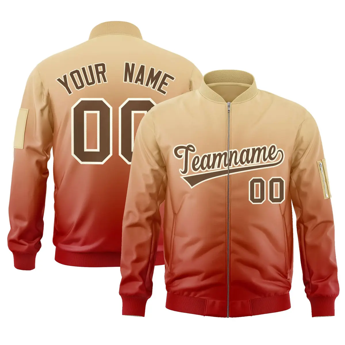 Khaki Red-Brown Gradient Varsity Letterman Bomber Jacket