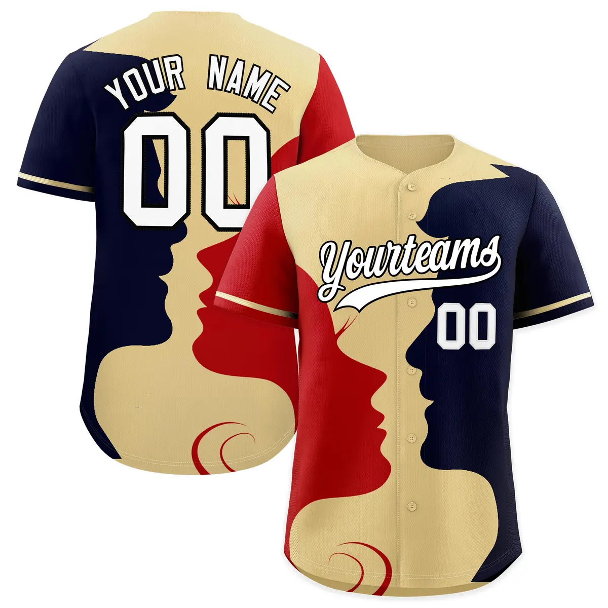 Khaki Red Navy Valentine's Day Couple Silhouettes Baseball Jersey