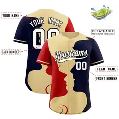 Khaki Red Navy Valentine's Day Couple Silhouettes Baseball Jersey 3