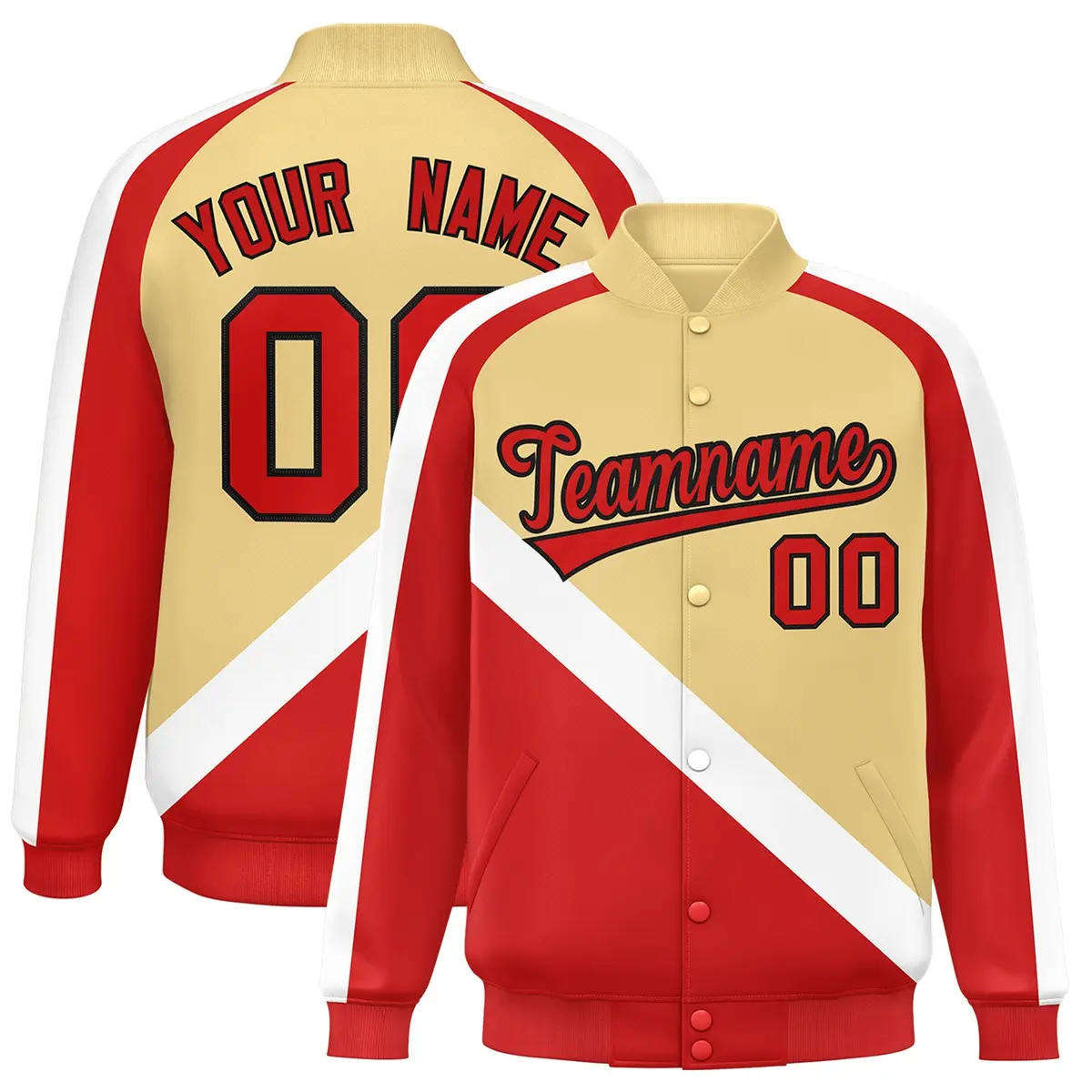 Khaki Red Raglan Varsity Full-Snap Letterman Baseball Jacket