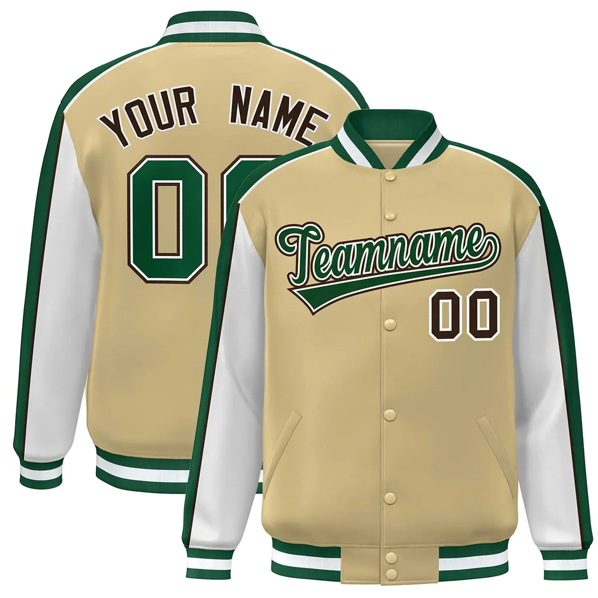 Khaki White-Green Color Block Varsity Bomber Baseball Jacket