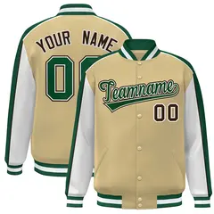Khaki White-Green Color Block Varsity Bomber Baseball Jacket