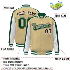 Khaki White-Green Color Block Varsity Bomber Baseball Jacket 2