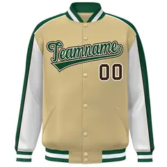 Khaki White-Green Color Block Varsity Bomber Baseball Jacket 3