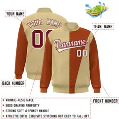 Khaki White-Orange Color Block Varsity Full-Snap Bomber Jacket 2